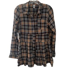 Free People Plaid Button Down Long Top Shirt Peplum Hem Lightweight Small